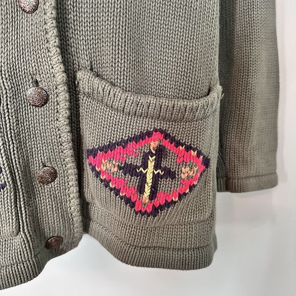 VTG Eddie Bauer Cardigan Sweater Women M Aztec Navajo Southwestern Green Pockets - Picture 4 of 11